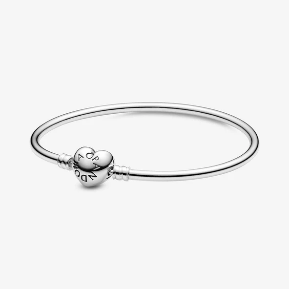 Pandora 596268 19cm-Moments Gümüş Bangle, Logo Kalpli Klipsli Bileklik