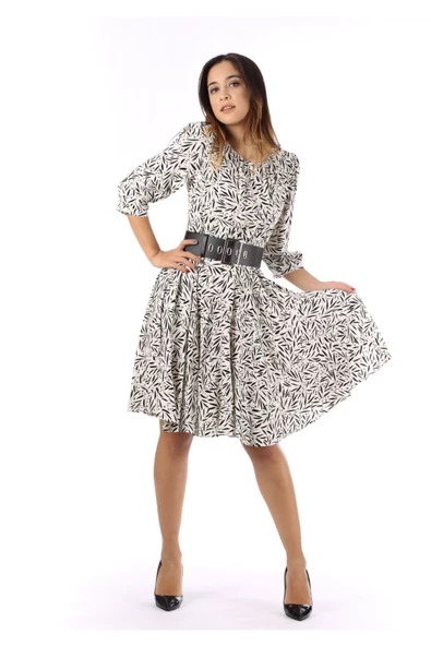 Modatalika Kadın Dokuma Kumaş Dijital Baskı Kemer Aksesuar Detaylı Midi Elbise - Resim 4