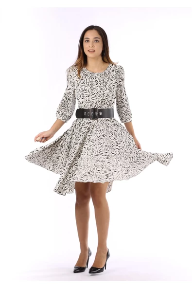 Modatalika Kadın Dokuma Kumaş Dijital Baskı Kemer Aksesuar Detaylı Midi Elbise - Resim 5