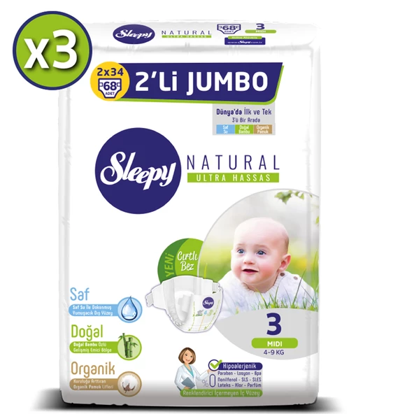 Sleepy Natural Bebek Bezi 3 Beden Midi 3X2'li Jumbo 204 Adet - 2