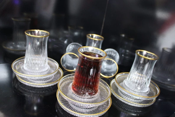 LÜX  Altın Yaldızlı 12 Parça 6'lı Özel Seri Yeni Seri Model Çay Seti - 2
