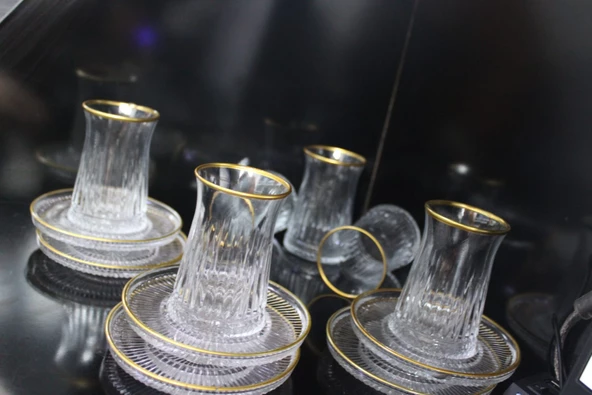 LÜX  Altın Yaldızlı 12 Parça 6'lı Özel Seri Yeni Seri Model Çay Seti - 3