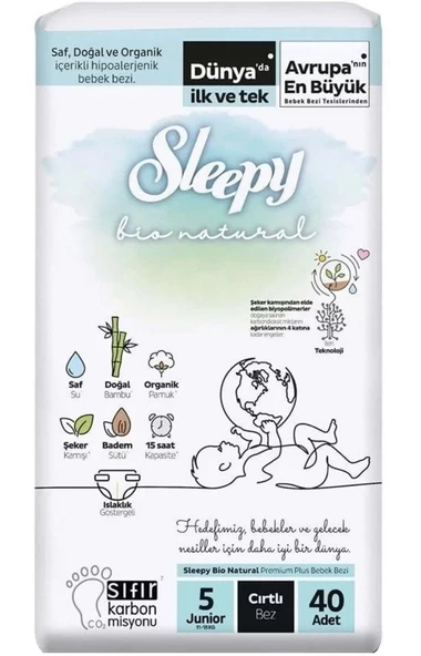 Sleepy Bebek Bezi Bio Natural Beden:5 (11-18KG) Junior 40 Adet Ekonomik Pk