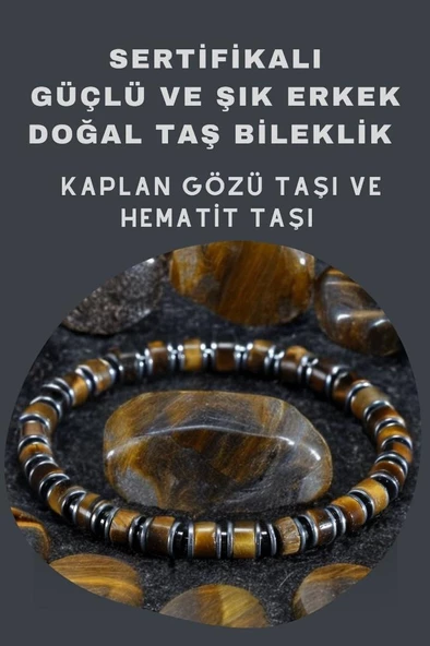 Güçlü Ve Şık Erkek Doğal Taş Bileklik Sertifikalı Kaplangözü Taşı Ve Hematit, Hediye Bileklik - 5