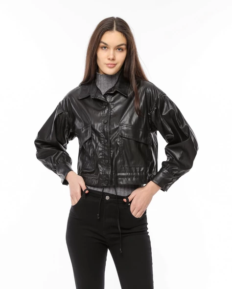 Morden Standart Kesim Deri Ceket - 5