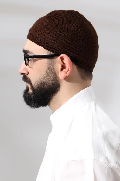 Kahve Süper Namaz Dantel Detaylı Örme Orlon Namaz Takkesi - 3