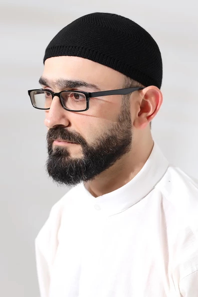 Siyah Süper Namaz Dantel Detaylı Örme Orlon Namaz Takkesi