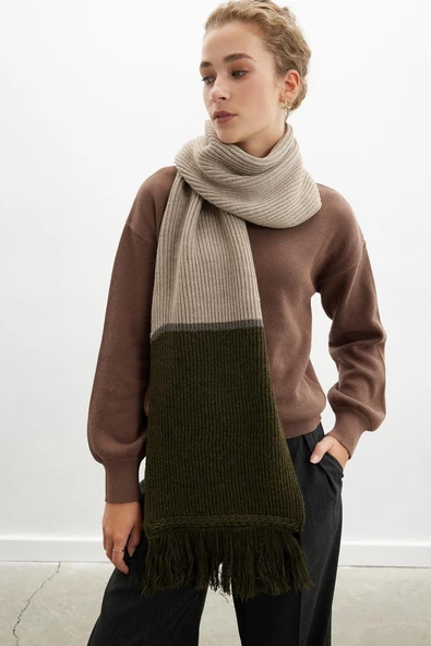 Peraluna SORREL SCARF Çizgi Detaylı Püsküllü Kadın Triko Atkı - Sütlü Kahve - 2