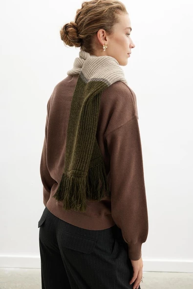 Peraluna SORREL SCARF Çizgi Detaylı Püsküllü Kadın Triko Atkı - Sütlü Kahve - 3