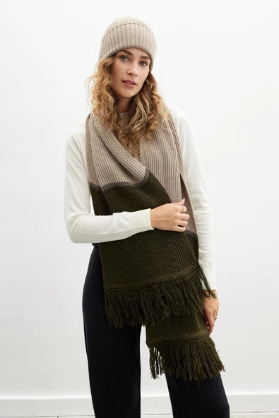 Peraluna SORREL SCARF Çizgi Detaylı Püsküllü Kadın Triko Atkı - Sütlü Kahve - 4