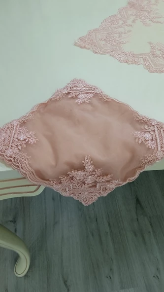 fransız tülü Vitrin seti işlemeli 16 parça pembe - 2