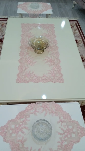 fransız tülü Vitrin seti işlemeli 16 parça pembe