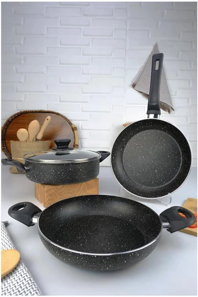 Digithome Mehtap 4 Parça Granit Tencere ve Tava Seti Siyah 24 Cm – C320.006