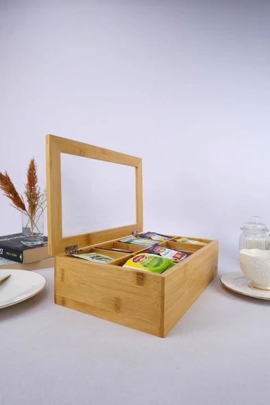 Digithome Bambu Çay Kutusu 8 Bölmeli Kapaklı Bitki Çayı Saklama Kabı Kahverengi - F/5 C1-1-289 - 2