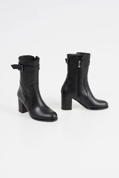 Hakiki Deri Kadın Topuklu Bot Fermuarlı Bilek Kemerli Klasik Kışlık Bot - Resim 6