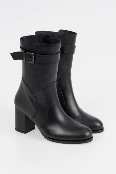 Hakiki Deri Kadın Topuklu Bot Fermuarlı Bilek Kemerli Klasik Kışlık Bot - Resim 2