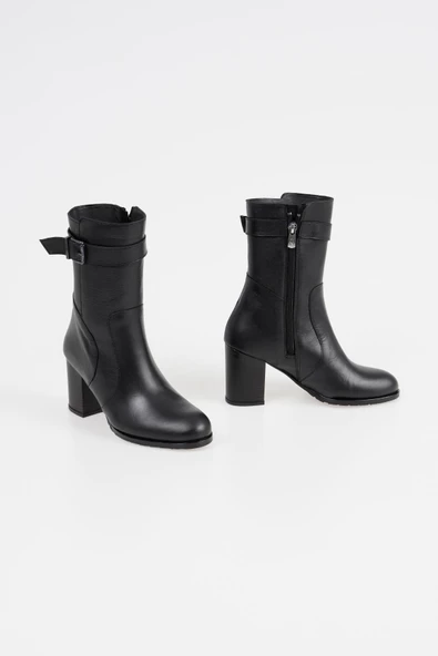 Hakiki Deri Kadın Topuklu Bot Fermuarlı Bilek Kemerli Klasik Kışlık Bot - Resim 3