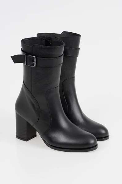 Hakiki Deri Kadın Topuklu Bot Fermuarlı Bilek Kemerli Klasik Kışlık Bot - Resim 5