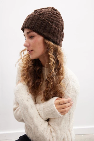 Peraluna TWINKLE BEANIE Saç Örgü Kadın Triko Bere - Kahve - 2