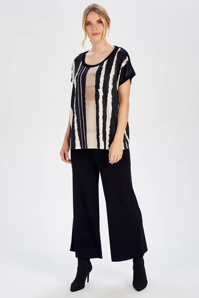 Peraluna Çizgili Batik Baskılı Kısa Kol Bluz - MULTI RENK - 5