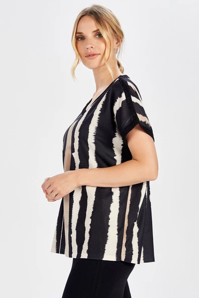 Peraluna Çizgili Batik Baskılı Kısa Kol Bluz - MULTI RENK - 3