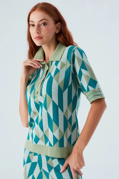 Peraluna LENA BLOUSE %100 Pamuk Geometrik Retro Desenli Kadın Triko Bluz - Multi Yeşil - 7