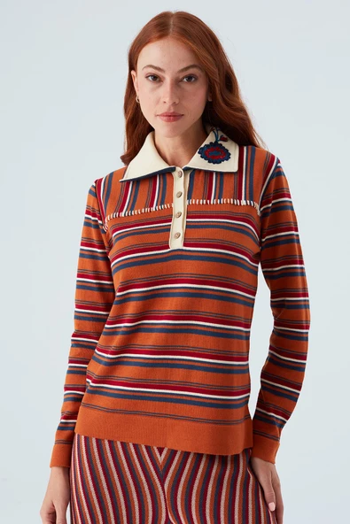 Peraluna HARPER BLOUSE Çizgili Nakışlı İnce Kadın Triko Bluz - Turuncu - 5
