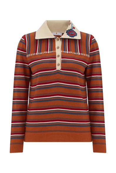 Peraluna HARPER BLOUSE Çizgili Nakışlı İnce Kadın Triko Bluz - Turuncu - 7