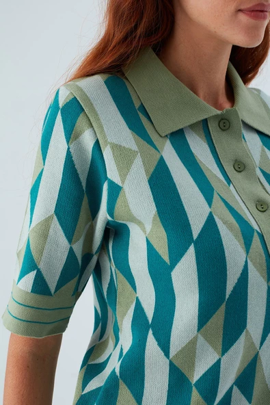 Peraluna LENA BLOUSE %100 Pamuk Geometrik Retro Desenli Kadın Triko Bluz - Multi Yeşil - 6
