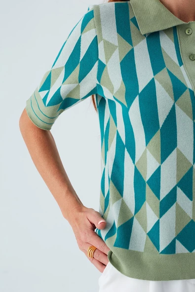 Peraluna LENA BLOUSE %100 Pamuk Geometrik Retro Desenli Kadın Triko Bluz - Multi Yeşil - 4