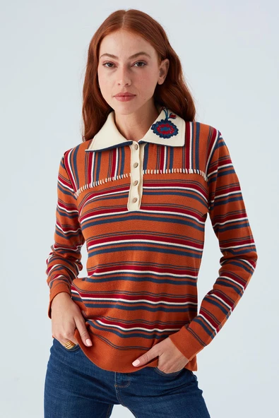 Peraluna HARPER BLOUSE Çizgili Nakışlı İnce Kadın Triko Bluz - Turuncu - 2