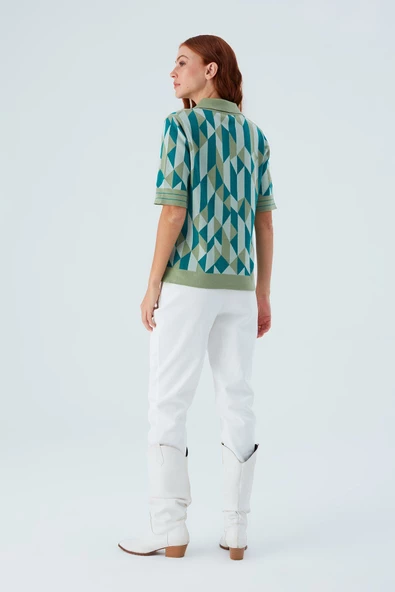 Peraluna LENA BLOUSE %100 Pamuk Geometrik Retro Desenli Kadın Triko Bluz - Multi Yeşil - 8