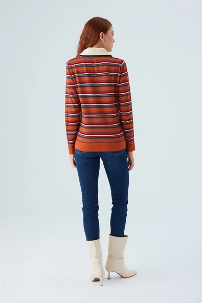Peraluna HARPER BLOUSE Çizgili Nakışlı İnce Kadın Triko Bluz - Turuncu - 6
