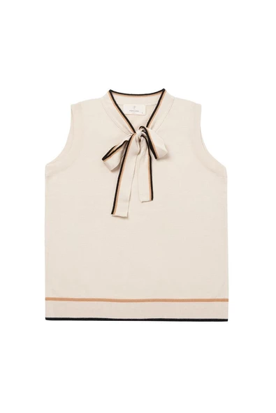 Peraluna JANETTE BLOUSE Çizgi Detaylı Fiyonklu Kolsuz Kadın Triko Bluz - Bej - 5