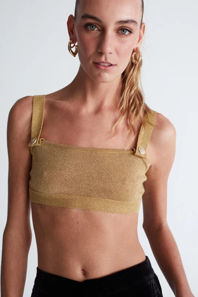 Styleboom X Peraluna DORIS BRALET Düğme Detaylı Askılı Simli Kadın Triko Bralet - Altın - 3