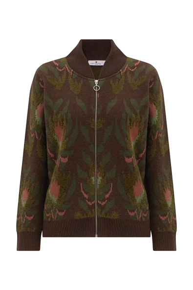 Peraluna FIORI BOMBER JACKET Çiçek Desenli Fermuarlı Organik Pamuklu Kadın Triko Ceket - Çok Renkli - 9