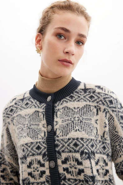 Peraluna FLORA JACKET Bisiklet Yaka Jakarlı Koton Karışım Kadın Triko Ceket - Şampanya - 4