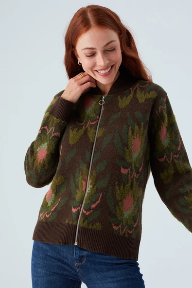 Peraluna FIORI BOMBER JACKET Çiçek Desenli Fermuarlı Organik Pamuklu Kadın Triko Ceket - Çok Renkli - 2