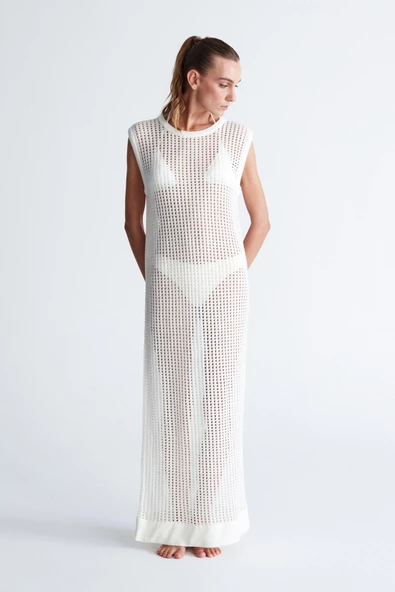 Peraluna PEARL DRESS Ajurlu Bisiklet Yaka Uzun Kadın Triko Elbise - Ekru - 4