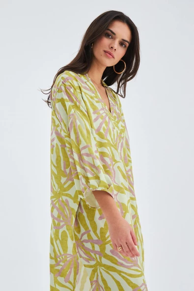 Peraluna AKIRA DRESS Bol Kesim 117 CM Mat Dokulu Yazlık Kadın Elbise - Fıstık/Lila - 5