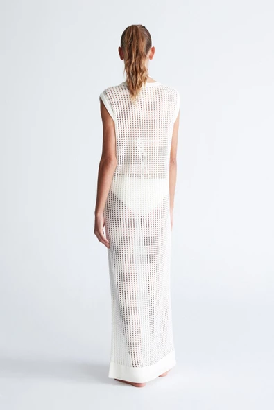 Peraluna PEARL DRESS Ajurlu Bisiklet Yaka Uzun Kadın Triko Elbise - Ekru - 7