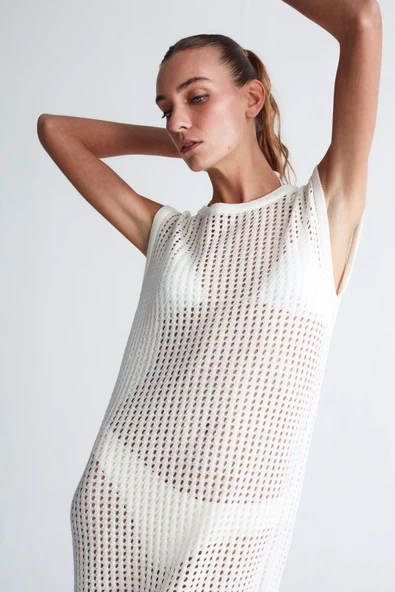 Peraluna PEARL DRESS Ajurlu Bisiklet Yaka Uzun Kadın Triko Elbise - Ekru - 2