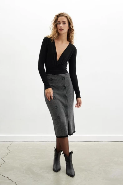 Styleboom X Peraluna CHESHIRE SKIRT Balıksırtı Desen Midi Boy Kadın Triko Etek - Siyah - 2