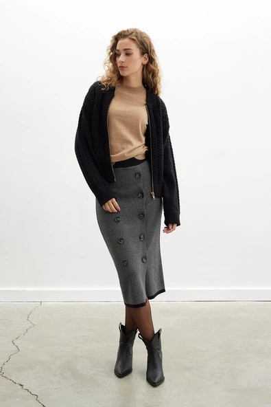 Styleboom X Peraluna CHESHIRE SKIRT Balıksırtı Desen Midi Boy Kadın Triko Etek - Siyah - 6