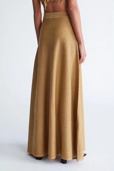 Styleboom X Peraluna MARILYN SKIRT Simli Maxi Boy Beli Bağcıklı Kadın Triko Etek - Altın - 9