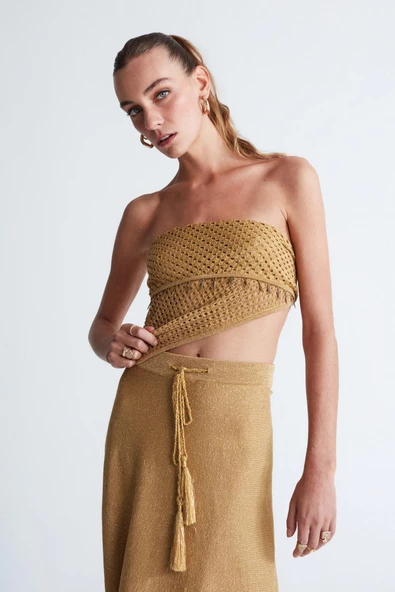 Styleboom X Peraluna MARILYN SKIRT Simli Maxi Boy Beli Bağcıklı Kadın Triko Etek - Altın - 4