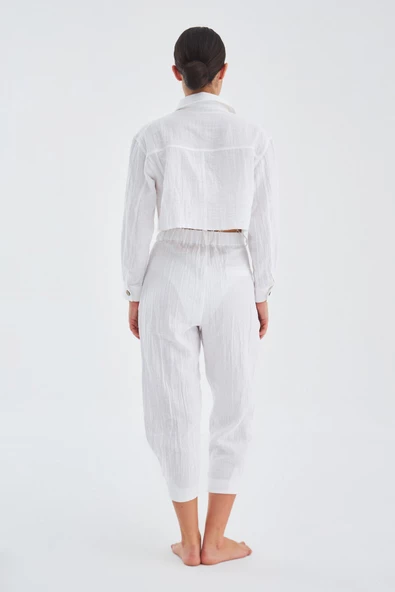 Peraluna SANDAL GÖMLEK Bol Kesim Cepli Yazlık Crop Kadın Gömlek - Beyaz - 9