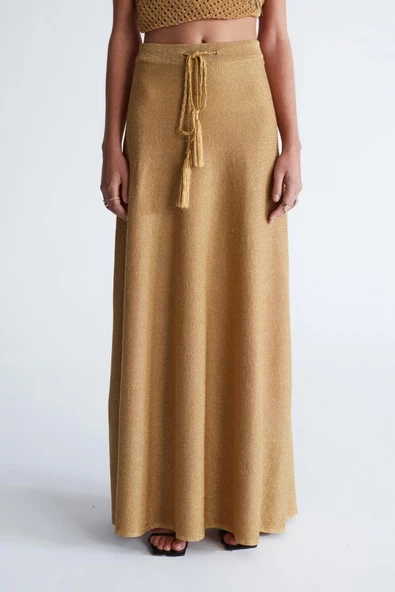 Styleboom X Peraluna MARILYN SKIRT Simli Maxi Boy Beli Bağcıklı Kadın Triko Etek - Altın - 7
