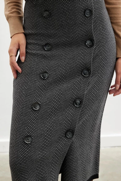 Styleboom X Peraluna CHESHIRE SKIRT Balıksırtı Desen Midi Boy Kadın Triko Etek - Siyah - 4