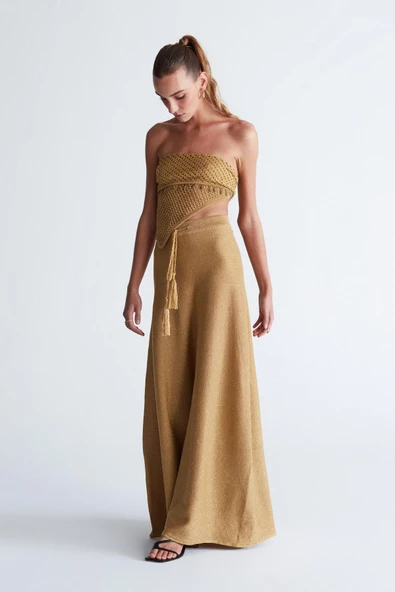 Styleboom X Peraluna MARILYN SKIRT Simli Maxi Boy Beli Bağcıklı Kadın Triko Etek - Altın - 5